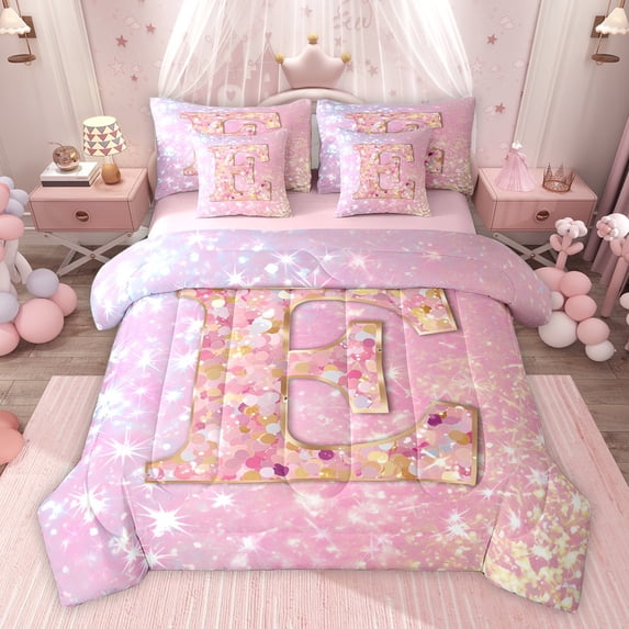 Feelyou Initial E Letter Bedding Comforter Set 7pcs for Kids, Girly Pink Cartoon King Bedding Sets, Fashion Bling Stars Reversible Bed Sheets, Luxury Bedroom Decor
