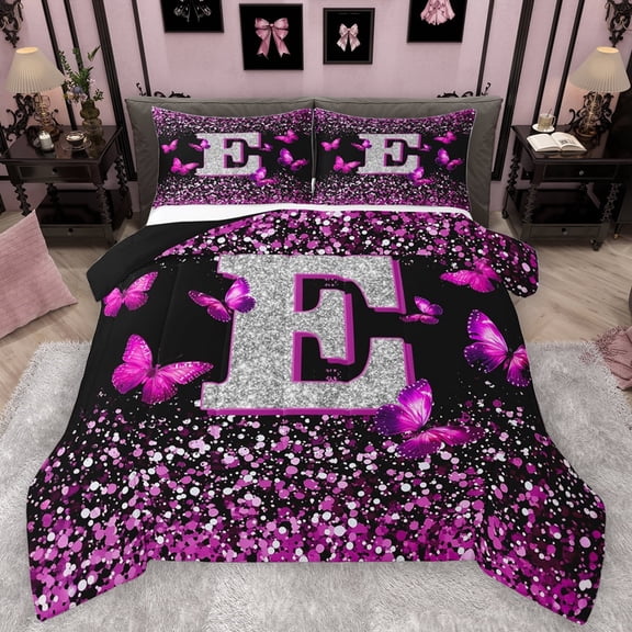 Feelyou Initial E Letter Bedding Comforter Set, Sequin Print Monogrammed Twin Comforter Sets, Romantic Pink Butterfly Reversible Bedding Set, Lightweight Room Decor, 2 Pieces