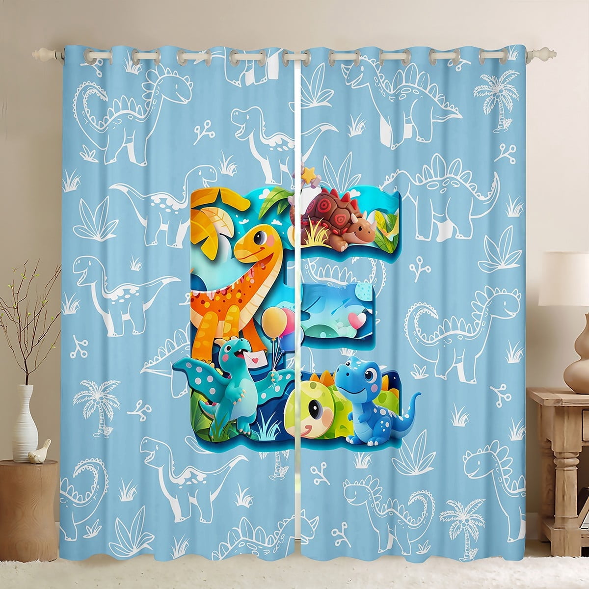 Feelyou Initial E Letter Blackout Curtains Set of 2 (52x84 Each), Kawaii Dinosaur Window Curtains, Teen Boy Girl Kid Curtains and Drapes, Living Room Curtains Decor