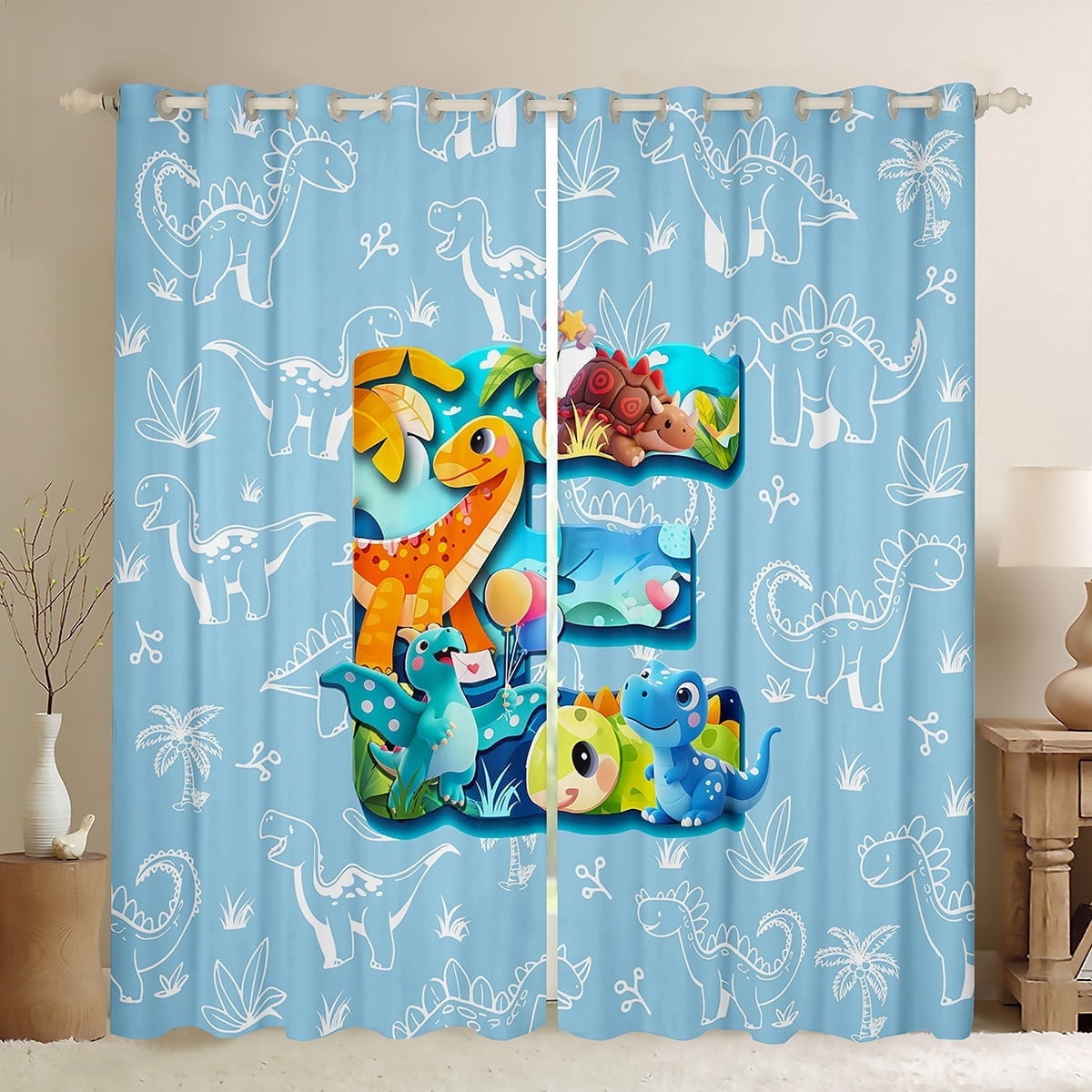 Feelyou Initial E Letter Curtains Pack of 2 (42x84 Each), Kawaii Dinosaur Curtains Blackout, Teen Boy Girl Kid Bedroom Curtains, Living Room Curtains Decor