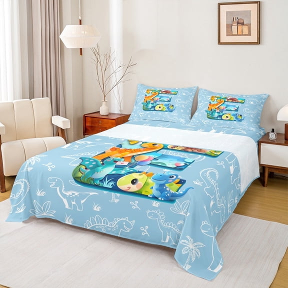 Feelyou Initial E Letter Full Size Sheets, Kawaii Dinosaur Bed Sheets, Teen Boy Girl Kid Sheet Sets, Luxury Bedroom Decor, 4-Piece