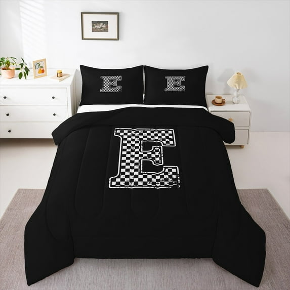 Feelyou Initial E Letter Queen Comforter Set for Teen, Black White Monogrammed Bedding Sets, Checkered Buffalo Reversible Bedding Comforter Set, Ultra Soft Home Decor, 3-Piece