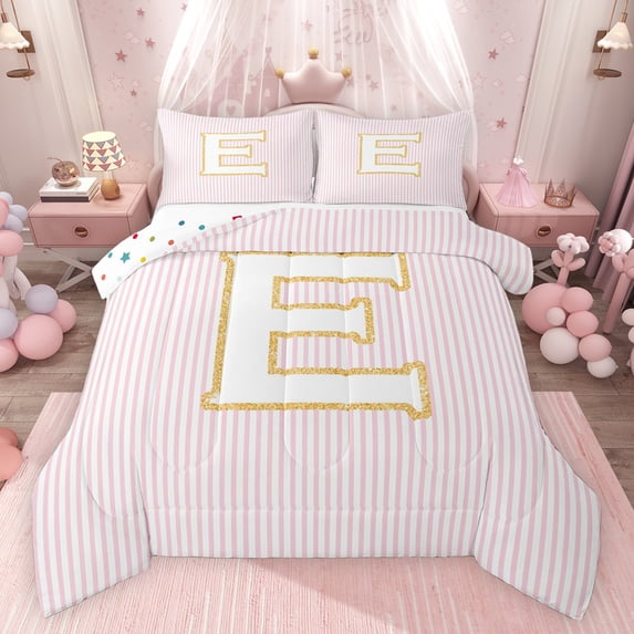 Feelyou Initial E Letter Queen Comforter Set for Teen, Girly Pink Stripe Abstract Bedding Sets, Kawaii Princess Style Reversible Bedding Comforter Set, Super Cozy Room Decor, 3-Piece