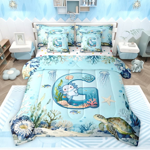 Feelyou Initial G Teens Bedding Comforter Set 7pcs, Sea Turtle Axolotl Queen Bedding Sets