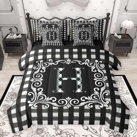 Feelyou Initial H Letter Twin Bedding Sets 7-Piece, Hippie Tribal Mandala Bedding Comforter Set, Simple Fashion Checkered Reversible Sheet Sets, Ultra Soft Bedroom Decor