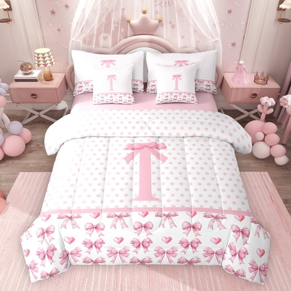 Feelyou Initial I Letter Twin Bedding Sets 7-Piece, Pink Bowknot Bedding Comforter Set