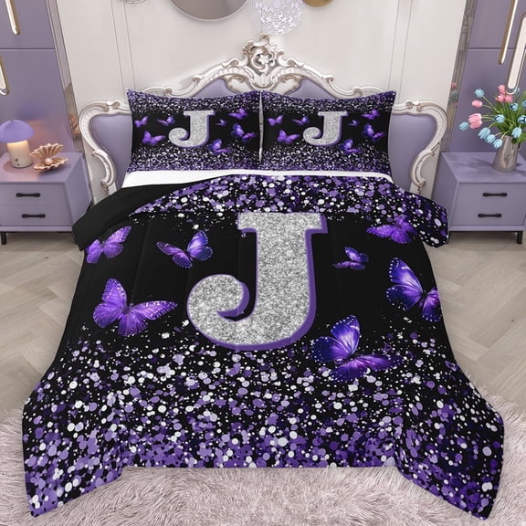 Feelyou Initial J Letter Bedding Comforter Set, Sequin Print Monogrammed Twin Comforter Sets, Dreamy Purple Butterfly Reversible Bedding Set, Ultra Soft Bedroom Decor, 2 Pieces