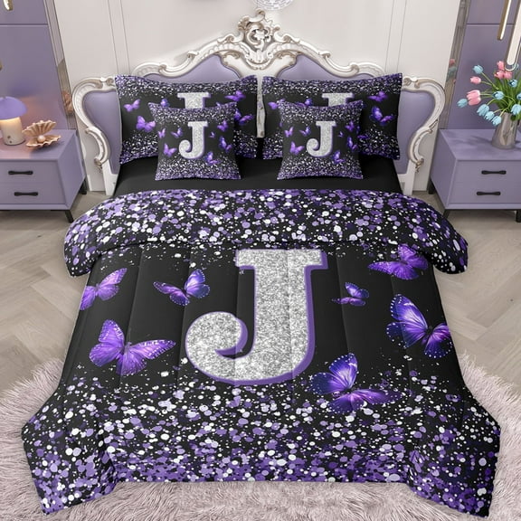 Feelyou Initial J Letter Twin Bedding Sets 7-Piece, Sequin Print Monogrammed Bedding Comforter Set, Dreamy Purple Butterfly Reversible Sheet Sets, Ultra Soft Bedroom Decor