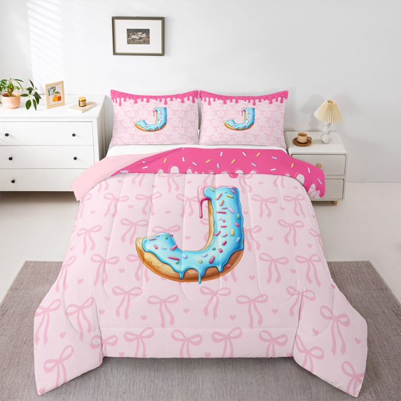 Feelyou Initial J Letter Twin Comforter Sets, Teen Kid Bow-tie Ribbon Bedding Set, 2pcs