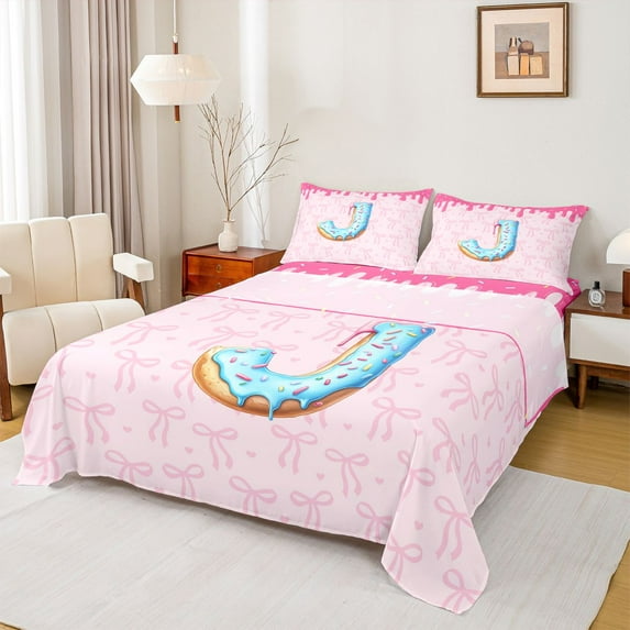 Feelyou Initial J Letter Twin Sheet Sets, Teen Kid Bow-tie Ribbon Bedding, 3pcs