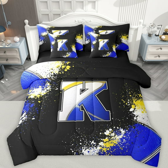 Feelyou Initial K Letter Bedding Comforter Set 7pcs, Blue Watercolor Artwork King Bedding Sets, Cartoon Basketball Print Reversible Bed Sheets, Lightweight Room Decor