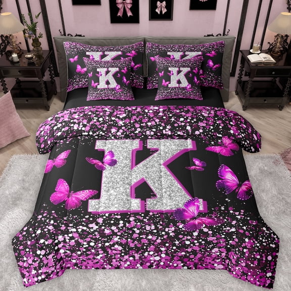 Feelyou Initial K Letter Bedding Comforter Set 7pcs, Sequin Print Monogrammed King Bedding Sets, Romantic Pink Butterfly Reversible Bed Sheets, Lightweight Room Decor