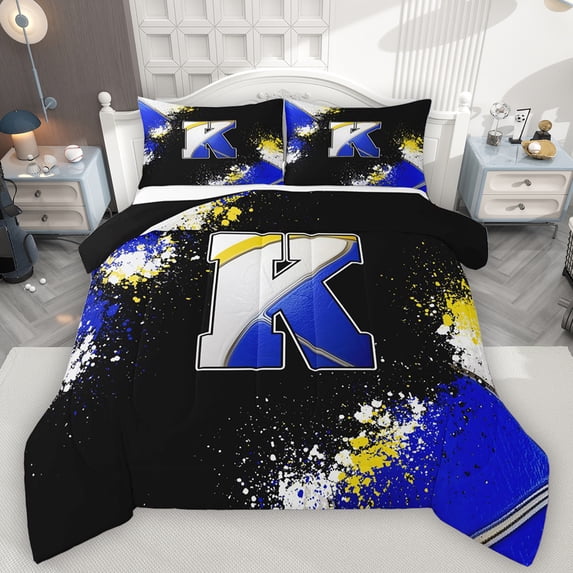 Feelyou Initial K Letter Bedding Comforter Set, Blue Watercolor Artwork Twin Comforter Sets, Cartoon Basketball Print Reversible Bedding Set, Lightweight Room Decor, 2pcs