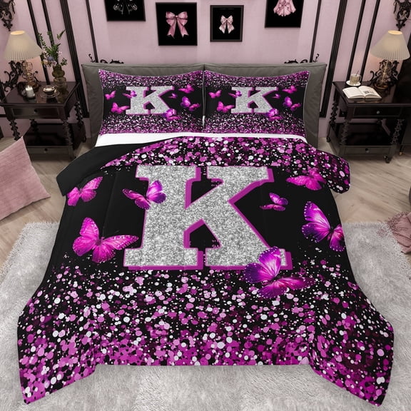 Feelyou Initial K Letter Bedding Comforter Set, Sequin Print Monogrammed Twin Comforter Sets, Romantic Pink Butterfly Reversible Bedding Set, Lightweight Room Decor, 2 Pieces