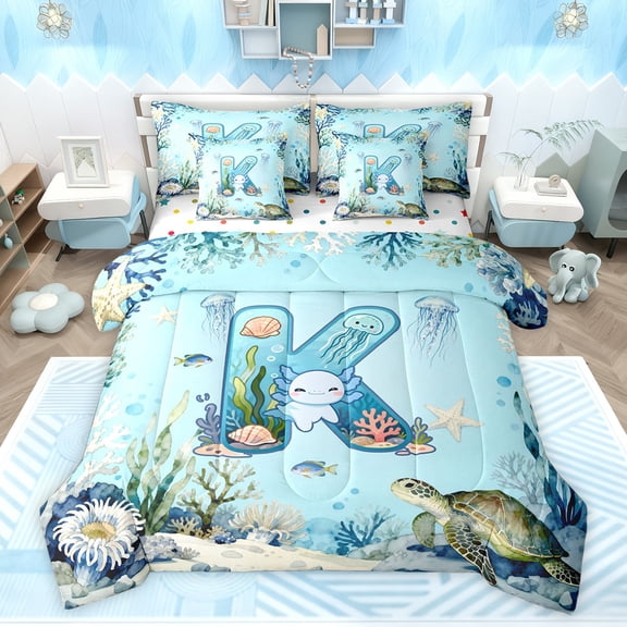 Feelyou Initial K Teens Bedding Comforter Set 7pcs, Sea Turtle Axolotl King Bedding Sets