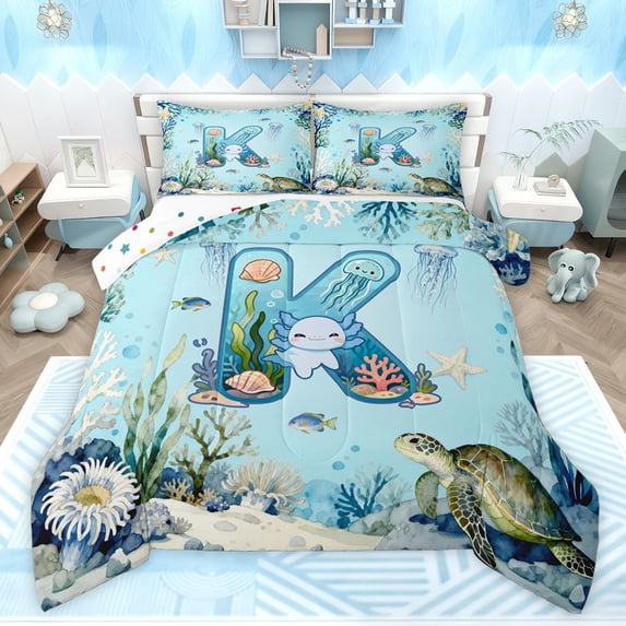 Feelyou Initial K Teens Full Size Comforter Sets, Sea Turtle Axolotl Bedding Sets, 3pcs