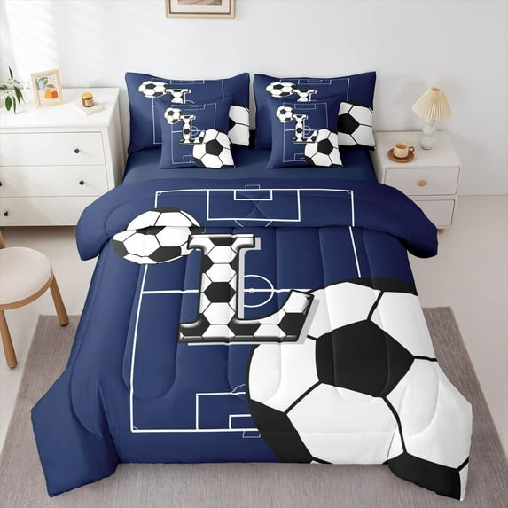 Feelyou Initial L Letter Bedding Comforter Set 7pcs, Kids Football Sport King Bedding Sets