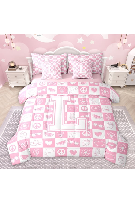 Initial L Letter Bedding Comforter Set 7pcs for Teens, Love Heart Bowknot Queen Bedding Sets, Pink Princess Style Reversible Queen Sheet Sets, Ultra Soft Bedroom Decor