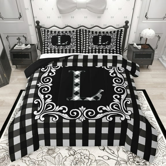 Feelyou Initial L Letter Queen Comforter Set, Hippie Tribal Mandala Bedding Sets, Simple Fashion Checkered Reversible Bedding Comforter Set, Microfiber Bedroom Decor, 3pcs