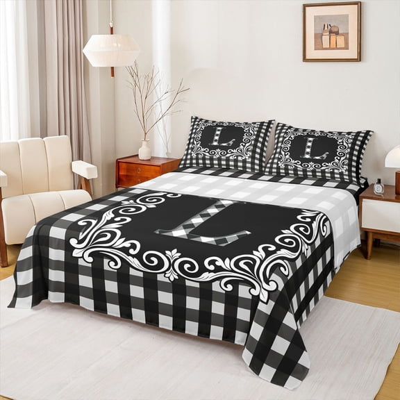 Feelyou Initial L Letter Queen Sheet Sets, Hippie Tribal Mandala Flat Sheet, Simple Fashion Checkered Queen Fitted Sheet, Microfiber Bedroom Decor, 4pcs