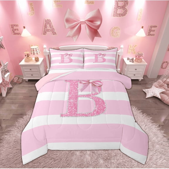 Feelyou Initial Letter B Queen Comforter Set, Cartoon Monogrammed Bedding Sets, Princess Ribbon Reversible Bedding Comforter Set, Ultra Soft Home Decor,3-Piece