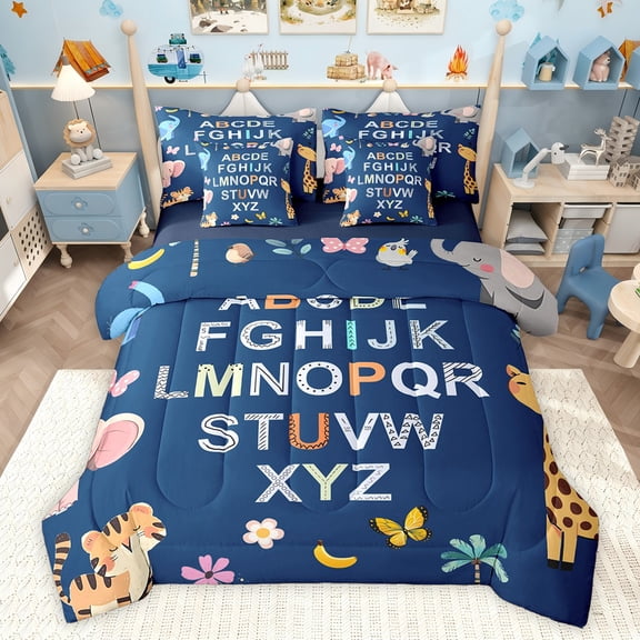 Feelyou Initial Letter Bedding Comforter Set 7pcs, Cute Tiger Giraffe Queen Bedding Sets