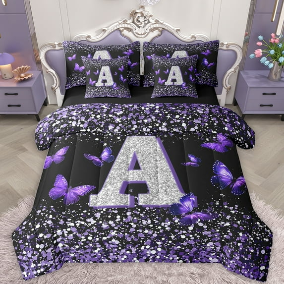 Feelyou Initial A Letter Bedding Comforter Set 7pcs, Sequin Print Monogrammed King Bedding Sets, Dreamy Purple Butterfly Reversible Bed Sheets, Lightweight Room Decor