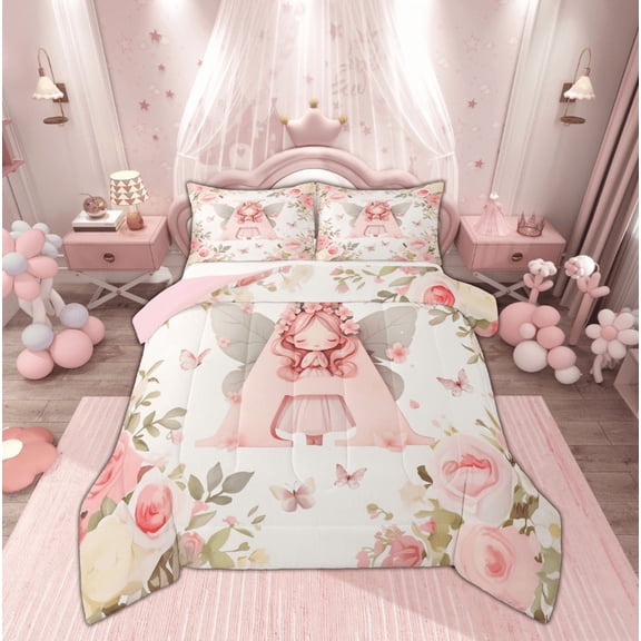 Feelyou Initial Letter A Bedding Comforter Set for Kids, Dreamy Floral Elf Fairy Twin Comforter Sets, Watercolor Flower Reversible Bedding Set, Super Cozy Room Decor, 2pcs