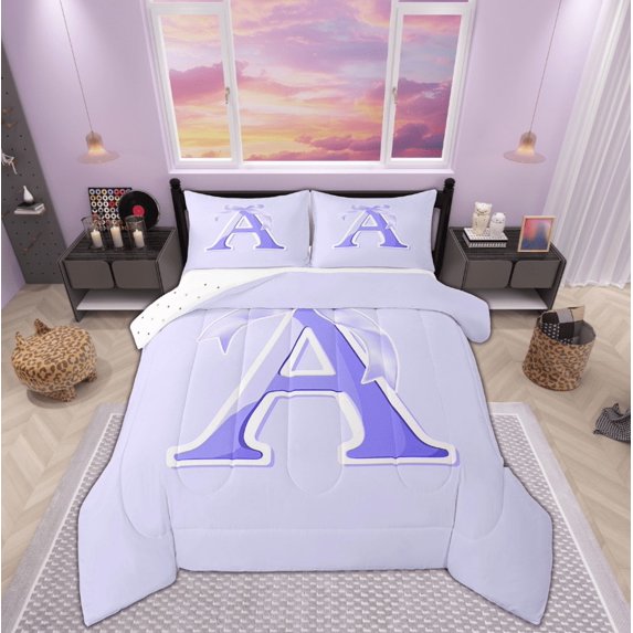 Feelyou Initial A Letter Bedding Queen Comforter Set, Princess Bow Down Comforter, Purple Monogrammed Reversible Comforters & Duvets, Microfiber Room Decor, 3pcs