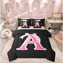 Feelyou Initial Letter A Bedding Sets Twin Size, Black Pink Comforter Sets with Sheets, Kawaii Bow-tie Reversible Bed Set, Lightweight Room Decorative, 7pcs
