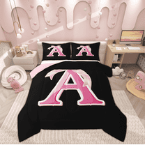 Feelyou Initial Letter A Bedding Twin Comforter Set, Black Pink Down Comforter, Kawaii Bow-tie Reversible Comforters & Duvets, Lightweight Room Decorative, 2pcs