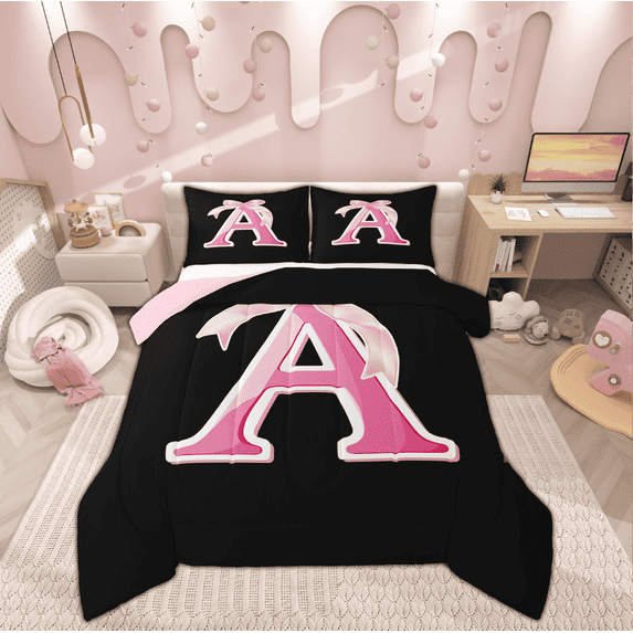 Feelyou Initial Letter A Bedding Twin Comforter Set, Black Pink Down Comforter, Kawaii Bow-tie Reversible Comforters & Duvets, Lightweight Room Decorative, 2pcs