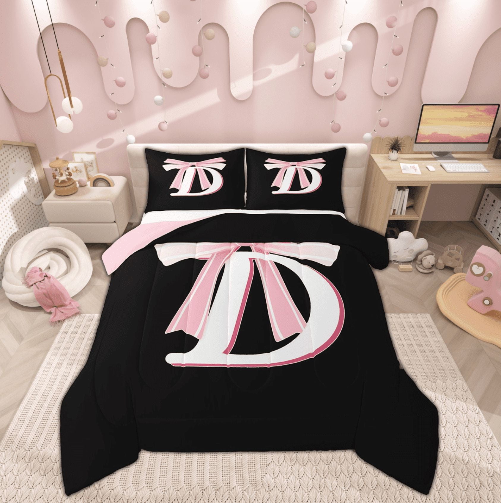 Feelyou Initial Letter D Comforter Sets Queen Size, Black Pink ...