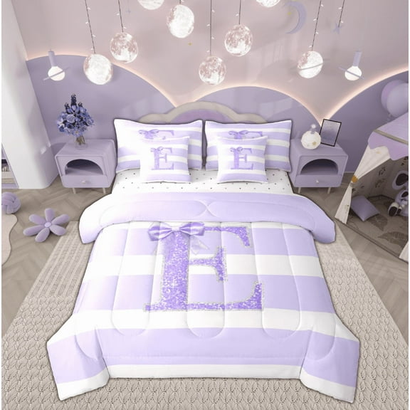 Feelyou Initial Letter E Bedding Comforter Set 7pcs, Cartoon Monogrammed Queen Bedding Sets, Princess Ribbon Queen Sheet Sets, Luxury Bedroom Decor