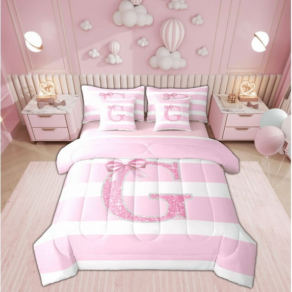 Feelyou Initial Letter G Bedding Comforter Set 7pcs, Abstract Geometric Queen Bedding Sets, Cartoon Princess Style Reversible Queen Sheet Sets, Luxury Bedroom Decor