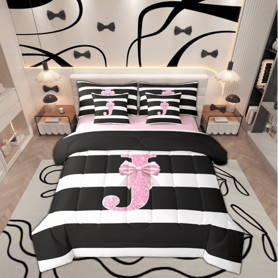 Feelyou Initial Letter J Bedding Comforter Set 7 Pieces for Teens, Cartoon Monogrammed Full Bedding Set, Princess Ribbon Reversible Fitted Sheet Flat Sheet, Microfiber Bedroom Decor