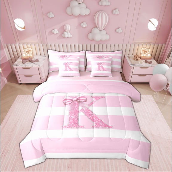 Feelyou Initial Letter K Twin Bedding Sets 7-Piece, Cartoon Monogrammed Bedding Comforter Set, Cute Princess Pink Ribbon Reversible Sheet Sets, Breathable Home Decor