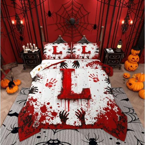 Feelyou Initial Letter L Queen Comforter Set, Horror Halloween Bedding Sets, Gothic Hand Print Reversible Bedding Comforter Set, Ultra Soft Home Decor,3-Piece