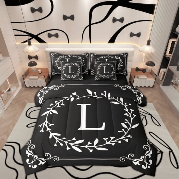 Feelyou Initial Letter L Twin Bedding Sets 7-Piece, Western Damask Print Bedding Comforter Set, Botanical Leaf Reversible Sheet Sets, Luxury Bedroom Decor