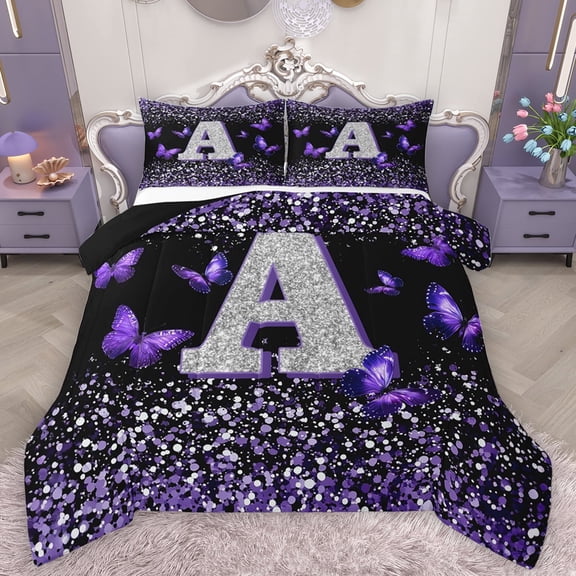 Feelyou Initial A Letter Queen Comforter Set, Sequin Print Monogrammed Bedding Sets, Dreamy Purple Butterfly Reversible Bedding Comforter Set, Lightweight Room Decor, 3 Pieces