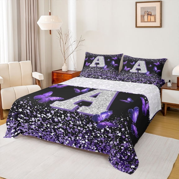Feelyou Initial A Letter Queen Sheet Sets, Sequin Print Monogrammed Flat Sheet, Dreamy Purple Butterfly Queen Fitted Sheet, Lightweight Room Decor, 4 Pieces