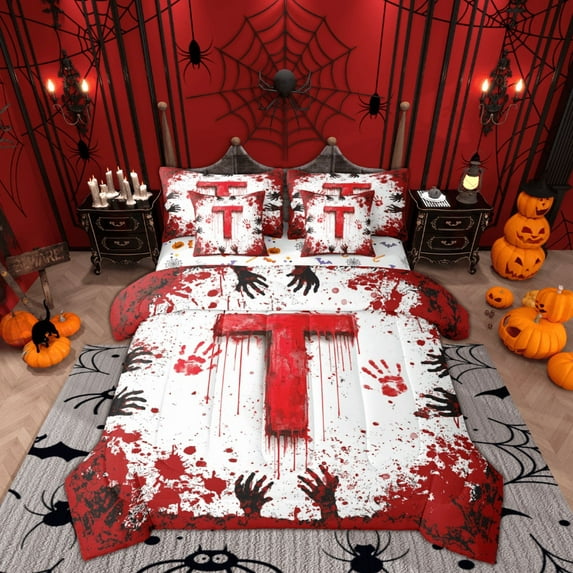 Feelyou Initial Letter T Bedding Comforter Set 7pcs, Horror Halloween King Bedding Sets, Gothic Hand Print Reversible Bed Sheets, Microfiber Bedroom Decor