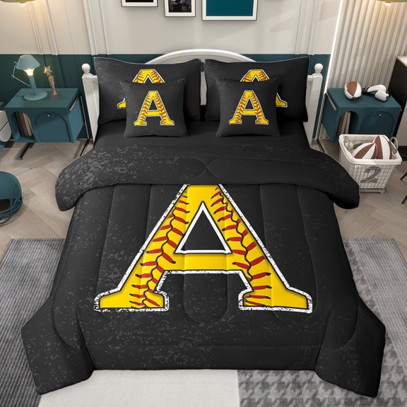 Feelyou Initial A Letter Twin Bedding Sets 7-Piece for Kid, Cartoon Monogrammed Bedding Comforter Set, Baseball Sports Lover Reversible Sheet Sets, Microfiber Bedroom Decor