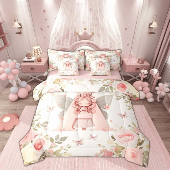 Feelyou Initial Letter A Twin Bedding Sets 7-Piece for Kids, Dreamy Floral Elf Fairy Bedding Comforter Set, Watercolor Flower Reversible Sheet Sets, Super Cozy Room Decor