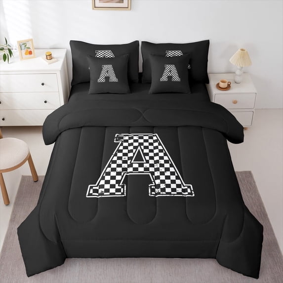 Feelyou Initial A Letter Twin Bedding Sets 7-Piece for Teen, Black White Monogrammed Bedding Comforter Set, Checkered Buffalo Reversible Sheet Sets, Microfiber Bedroom Decor