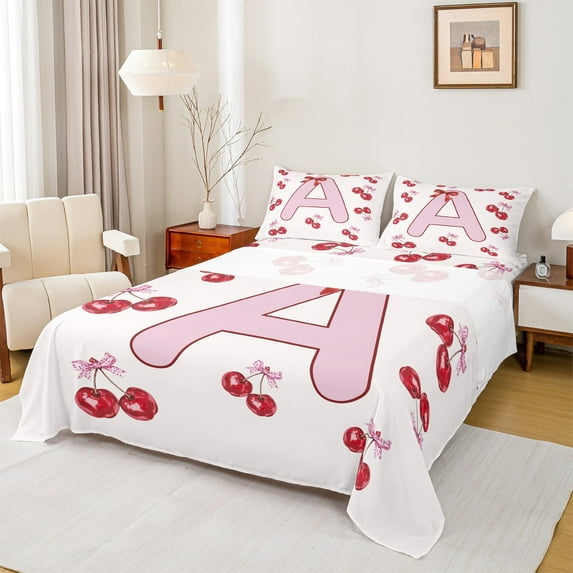 Feelyou Initial A Letter Twin Sheet Sets for Girl, Red Fruit Cherry Twin Fitted Sheet, Princess Cartoon Ribbon Flat Sheet, Microfiber Bedroom Decor, 3 Pieces