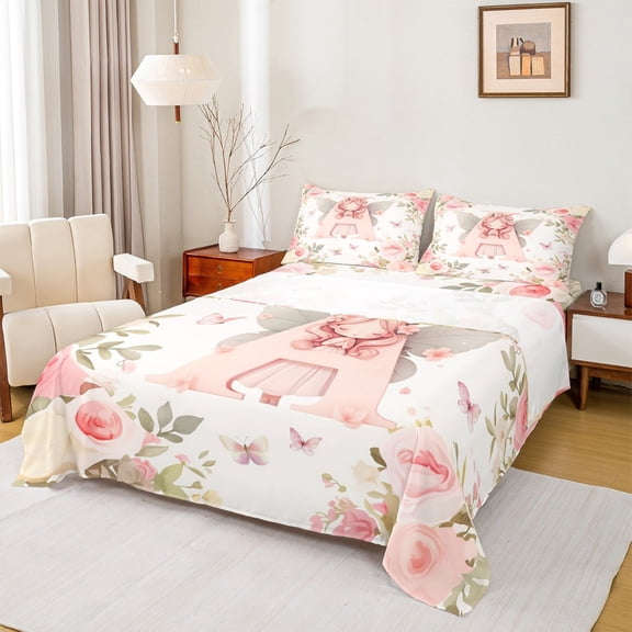 Feelyou Initial Letter A Twin Sheet Sets for Kids, Dreamy Floral Elf Fairy Twin Fitted Sheet, Watercolor Flower Flat Sheet, Super Cozy Room Decor, 3pcs