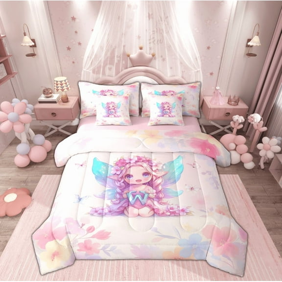 Feelyou Initial Letter W Twin Bedding Sets 7-Piece for Kids, Dreamy Floral Elf Fairy Bedding Comforter Set, Watercolor Flower Reversible Sheet Sets, Breathable Home Decor