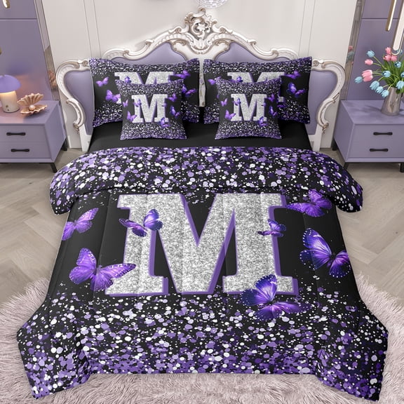 Feelyou Initial M Letter Bedding Comforter Set 7pcs, Sequin Print Monogrammed King Bedding Sets, Dreamy Purple Butterfly Reversible Bed Sheets, Lightweight Room Decor