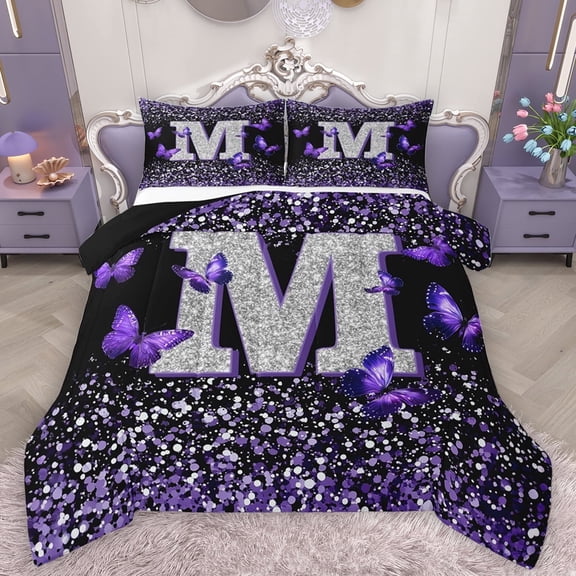 Feelyou Initial M Letter Full Size Comforter Sets, Sequin Print Monogrammed Bedding Comforter Set, Dreamy Purple Butterfly Reversible Bedding Sets, Lightweight Room Decor, 3 Pieces